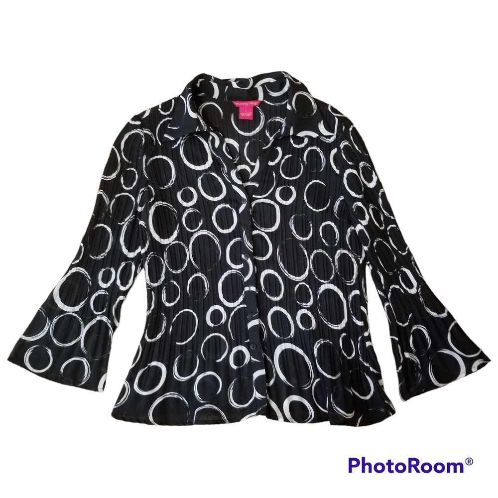 Sunny Leigh Black White Bubbles Crinckle Bell Sleeve Button Shirt Women's L